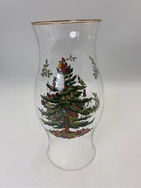 Large Spode Christmas Tree Glass Hurricane with Gold Rim